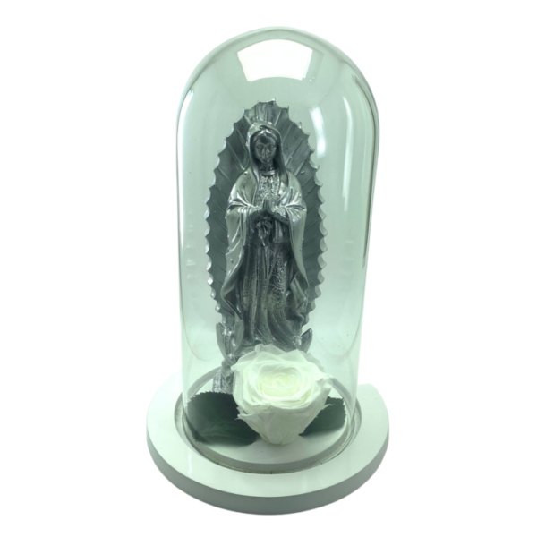 Virgen en urna con rosa preservada mini